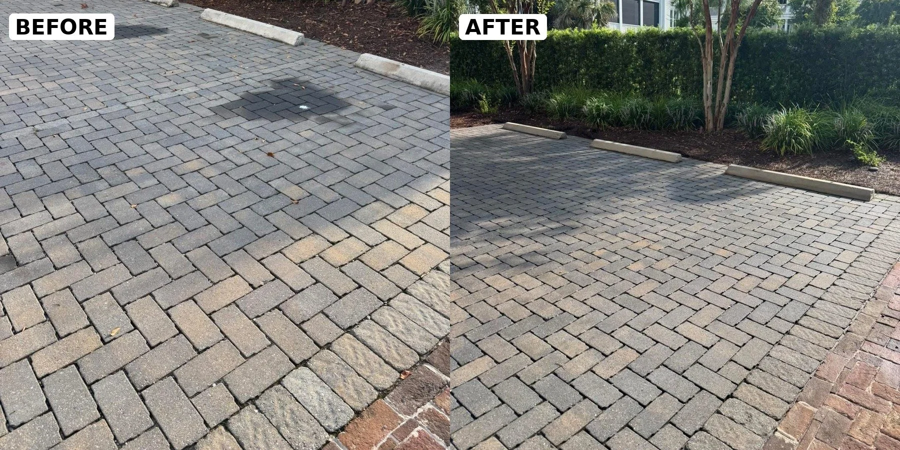 Before and after paver cleaning and restoration by PaveClean in Charleston, SC