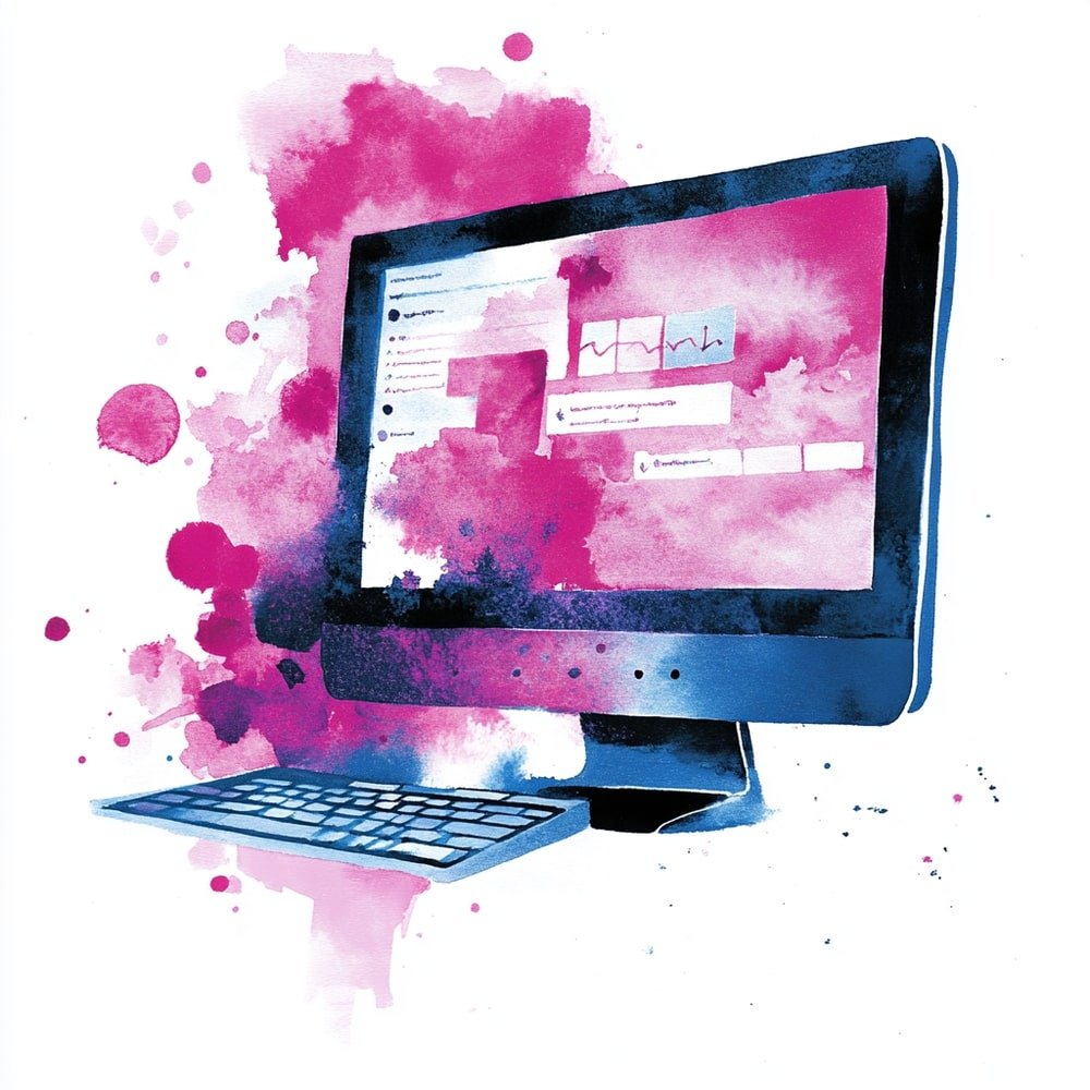 Illustration of a desktop computer with a colorful splash background, displaying a user interface, symbolizing web design and digital marketing for small and medium businesses.