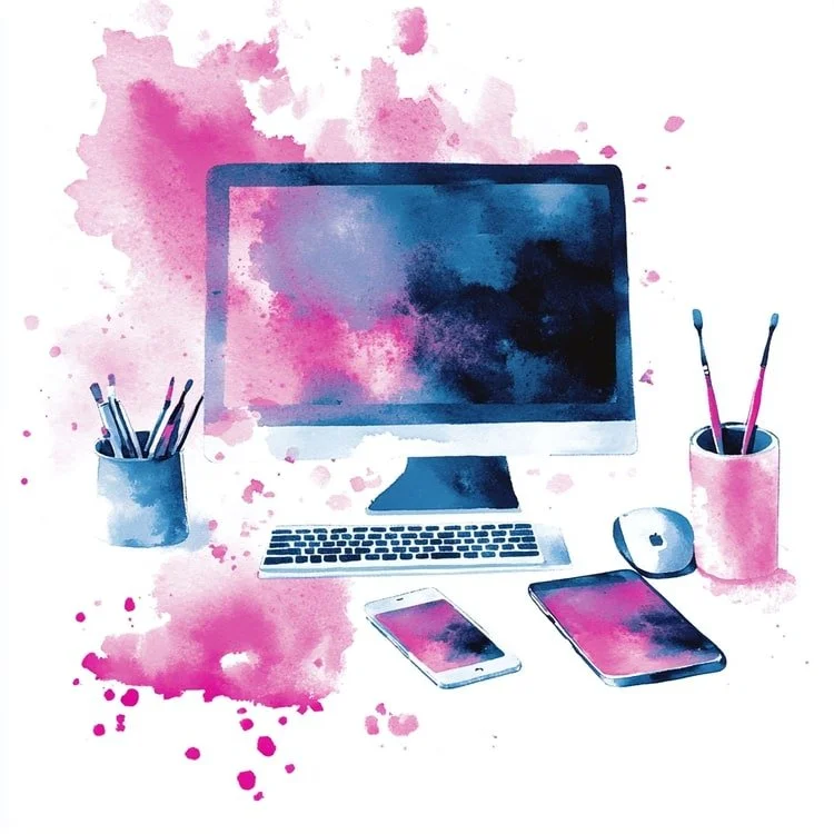 Watercolor illustration of a desktop setup with a computer monitor, keyboard, mouse, smartphone, and tablet, surrounded by colorful splashes, representing creative web design and digital marketing services.