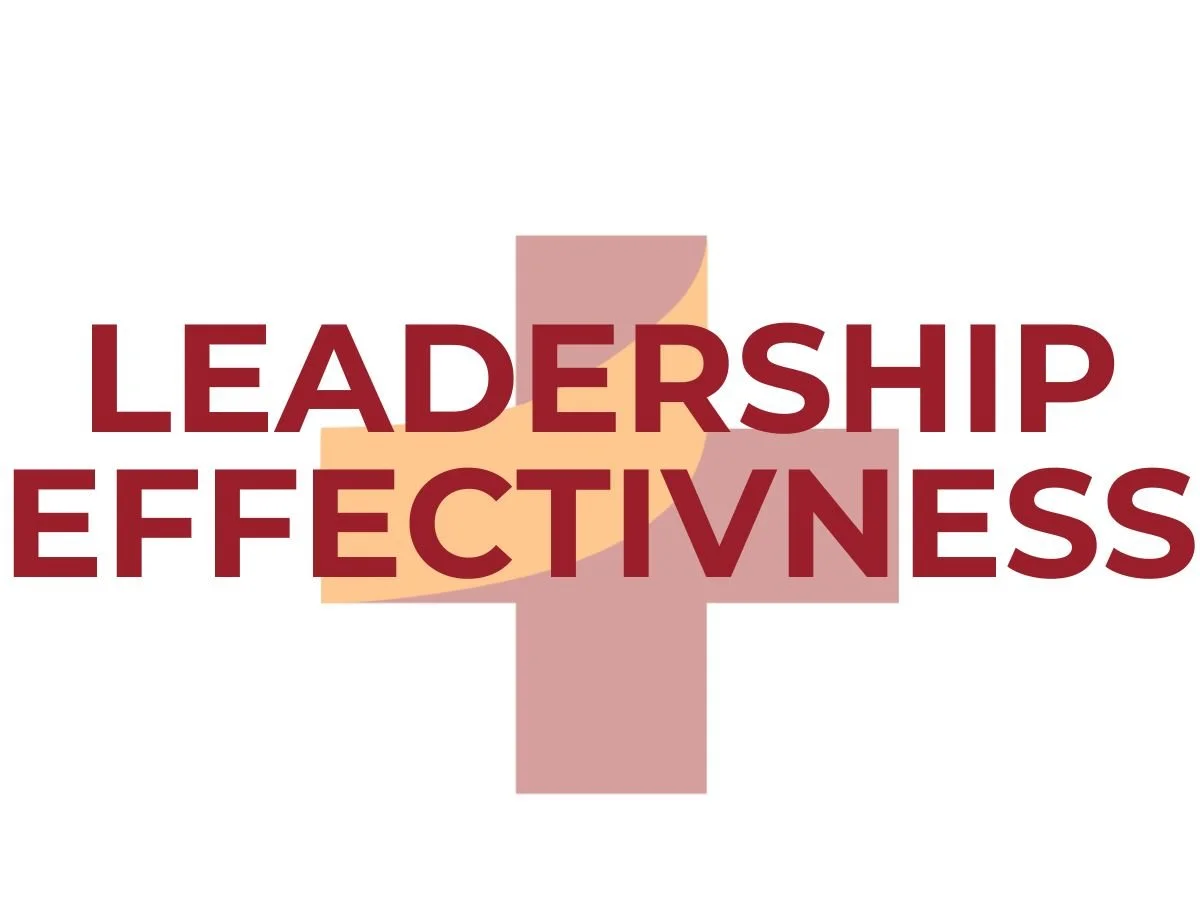 Graphic showing the words ‘Leadership Effectiveness’ in bold maroon text, centered over an orange and maroon plus-sign icon representing growth and alignment.