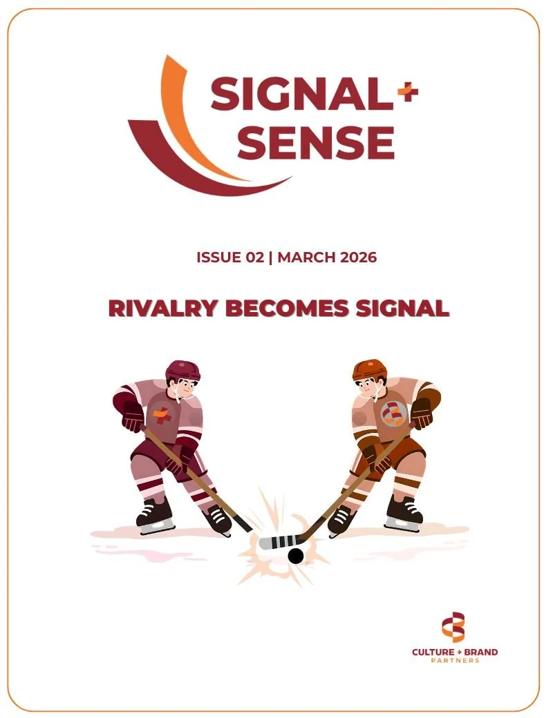 Signal + Sense Issue 02 graphic titled “Rivalry Becomes Signal,” featuring two illustrated hockey players in maroon and orange facing off over a puck.