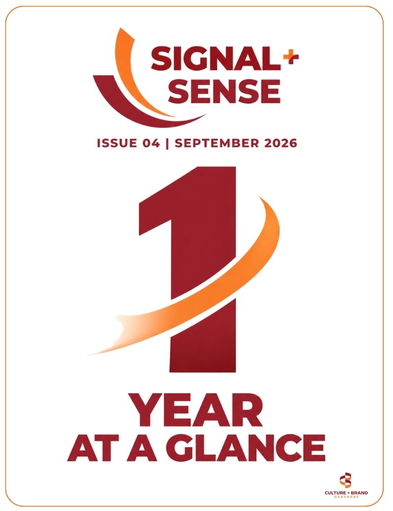 Signal + Sense Issue 04, September 2026. “Year at a Glance” anniversary cover featuring a large maroon number one wrapped by an orange swoosh, marking one year of the Culture + Brand Partners publication.