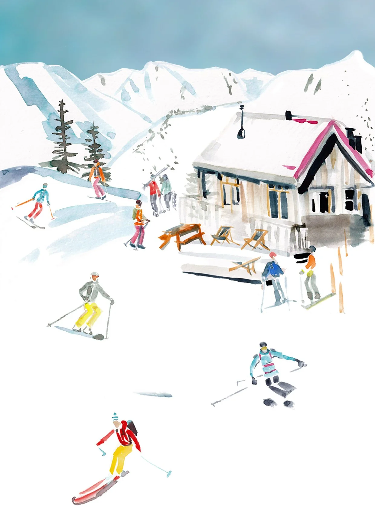 3 Hut on top of the mountain and skiers.jpg