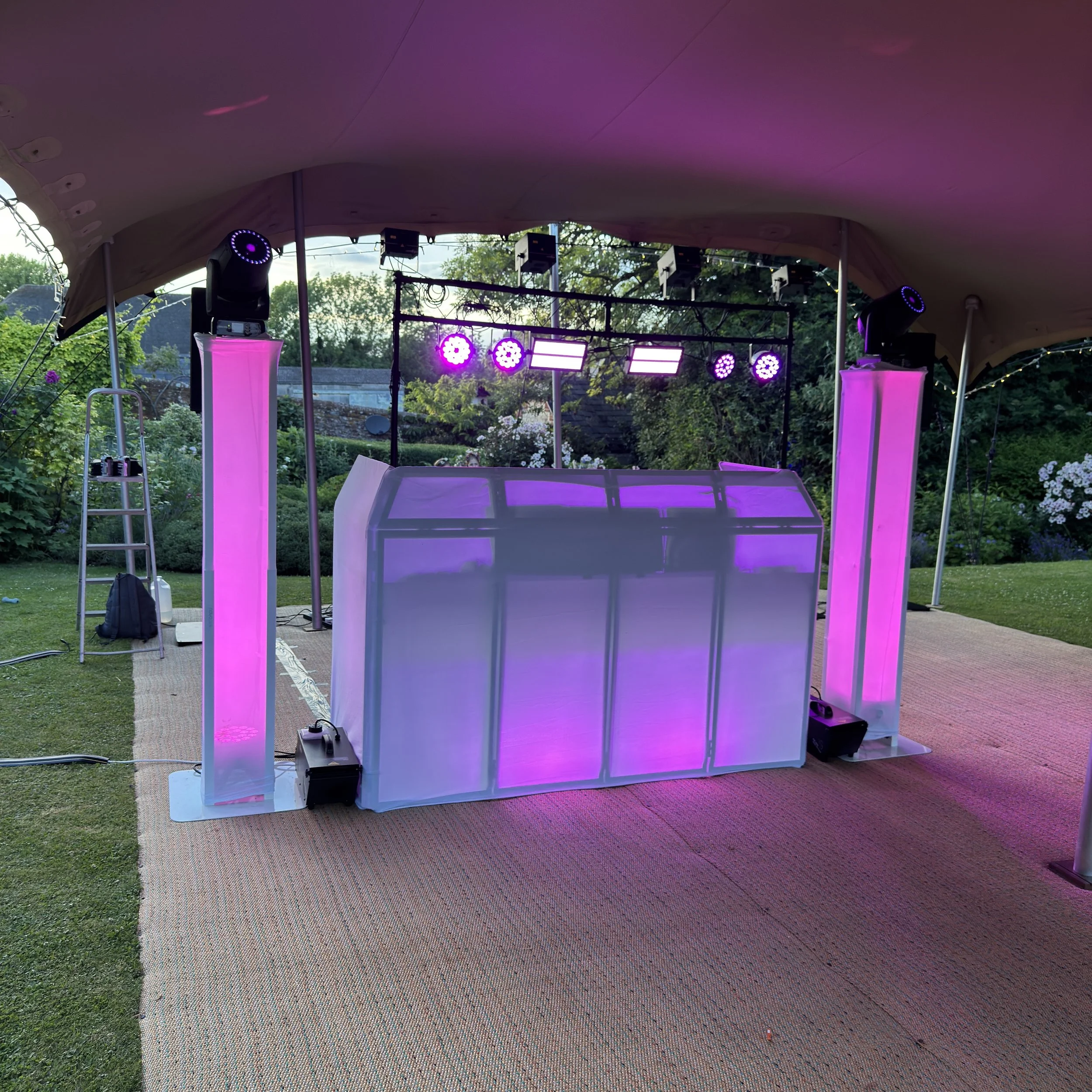 Marquee DJ Setup with illuminated DJ booth & podiums