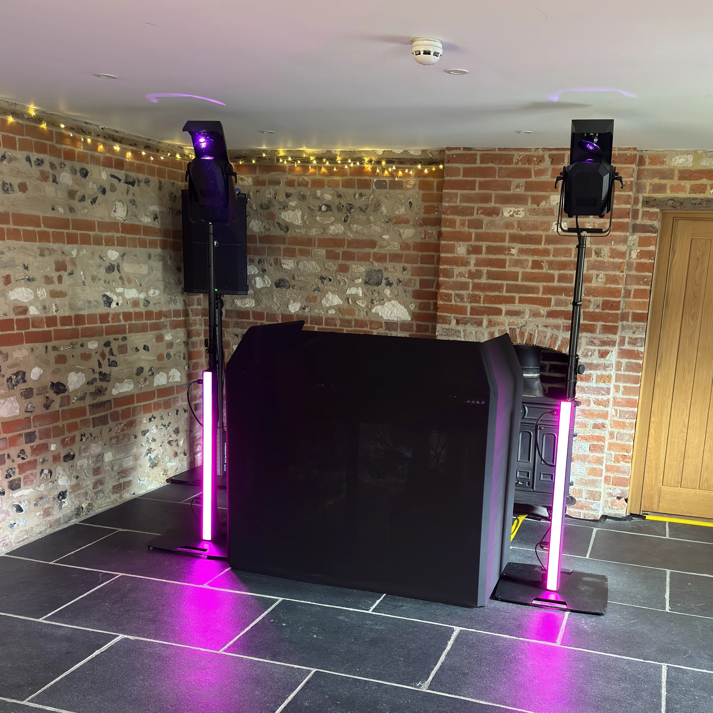 Small Barn Wedding DJ setup with LED battens & scanners