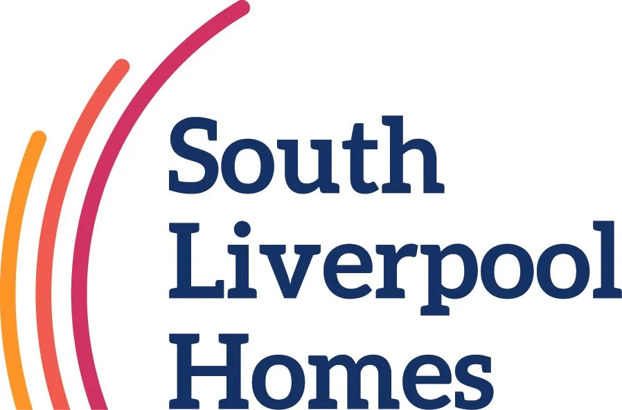 Logo for South Liverpool Homes featuring colorful curved lines and dark blue text.