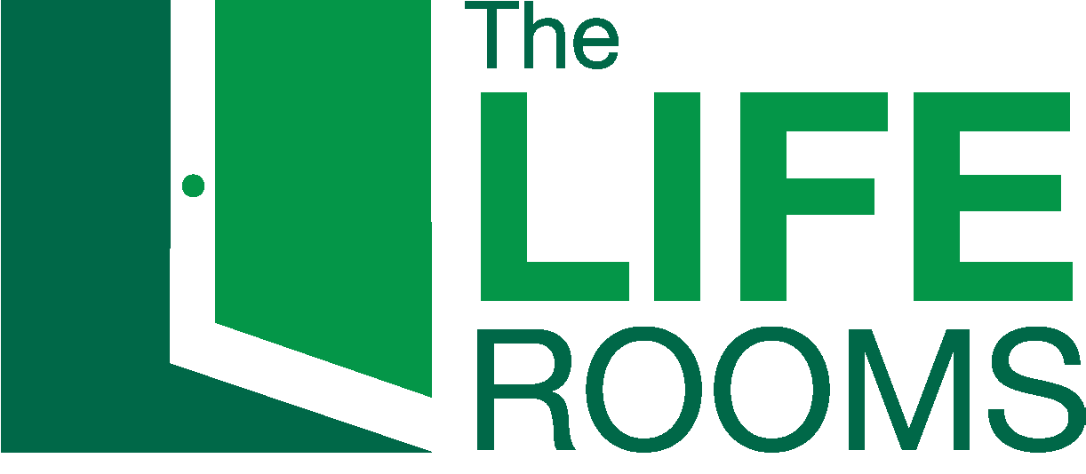 Logo for 'The Life Rooms' featuring an open door with a green background and black outlines.