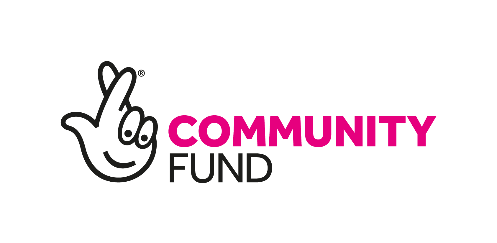 Logo for Community Fund featuring a black-outlined smiling hand gesture with crossed fingers, and the words "Community Fund" in pink and black text.