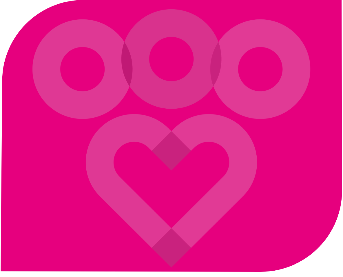 Pink logo with a heart shape integrated into the design, with three circles above and a pink rounded square background.