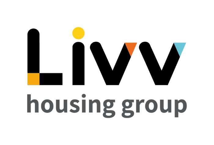 Graphic showing different shapes and colors above the words "housing group" in bold gray text.
