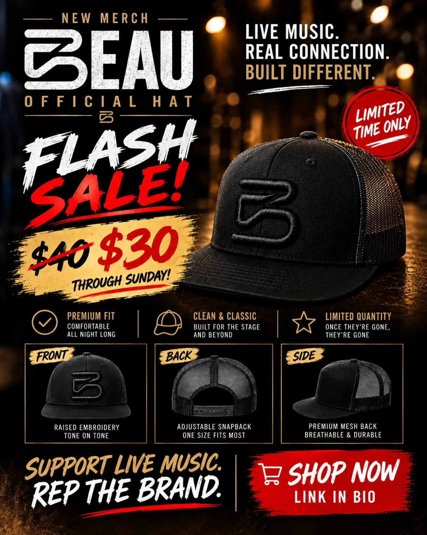 WEEKEND FLASH SALE ⚡️
 BEAU hats are $30 through Sunday only.
 Limited quantity.
 Shop link in bio.
 Back to $40 Monday. 🎸