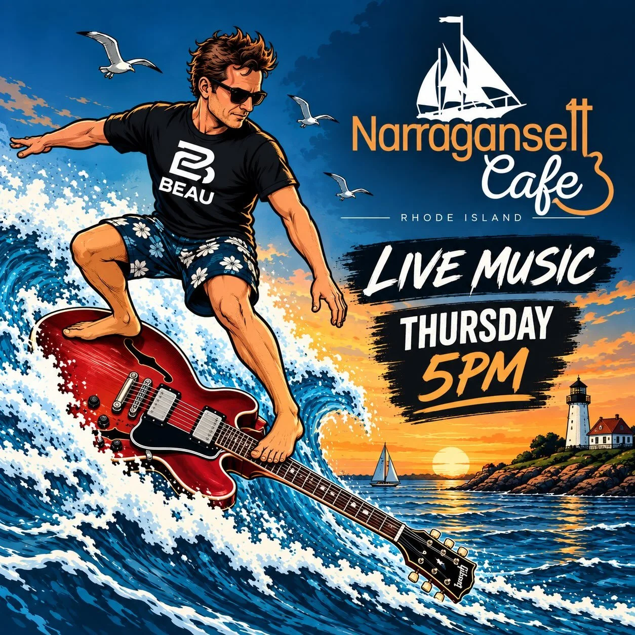 Narragansett Caf&eacute; debut this Thursday! 🌊🎸

Kicking things off at 5PM &mdash; come visit at one of RI&rsquo;s legendary live music spots. 🤘

📍 Narragansett Caf&eacute;
🗓️ Thursday | 5PM

#beau #narragansettcafe #livemusicri #rhodeislandmus