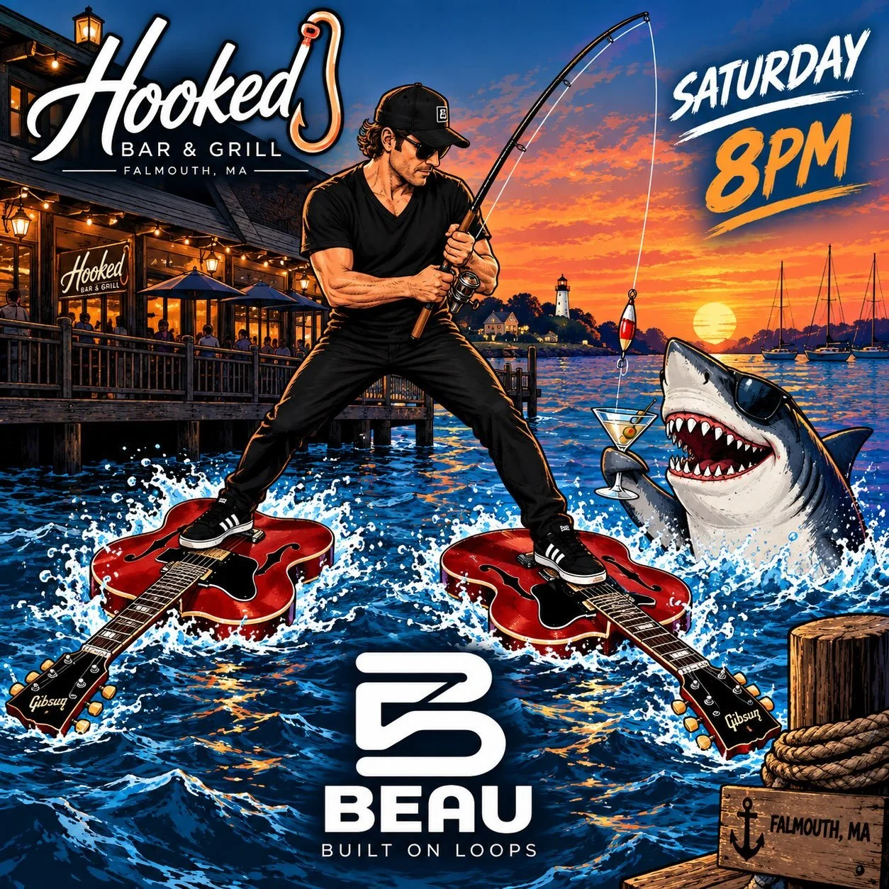 Hooked Bar &amp; Grill &bull; Falmouth 🍸🎸
This Saturday &bull; 8PM
A little rain isn&rsquo;t stopping the party. See you there! 🤘#capecodmusicscene #falmouthma #builtonloops #beau