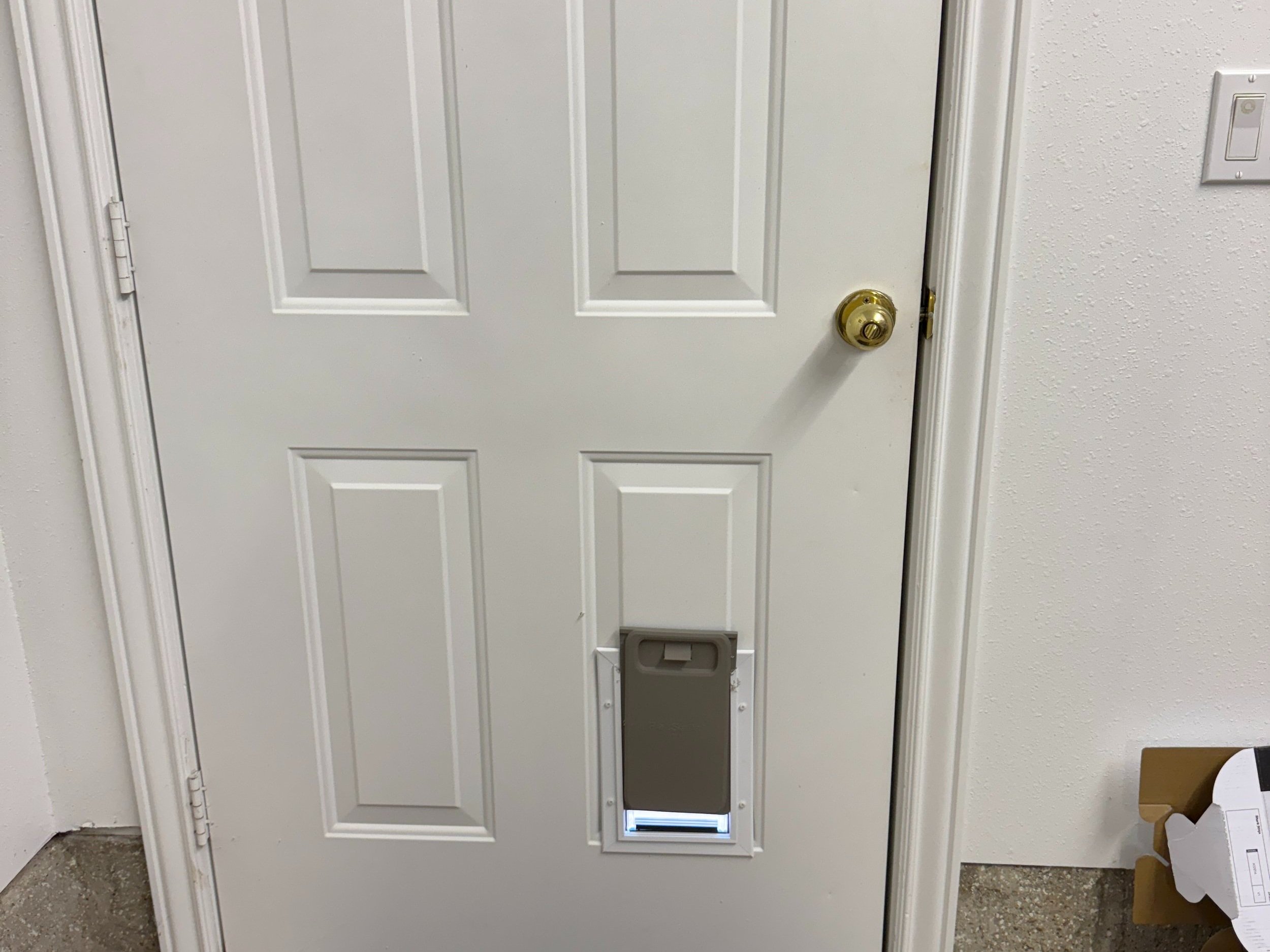 Installation of small doggy door in exterior door in Paradise Utah.