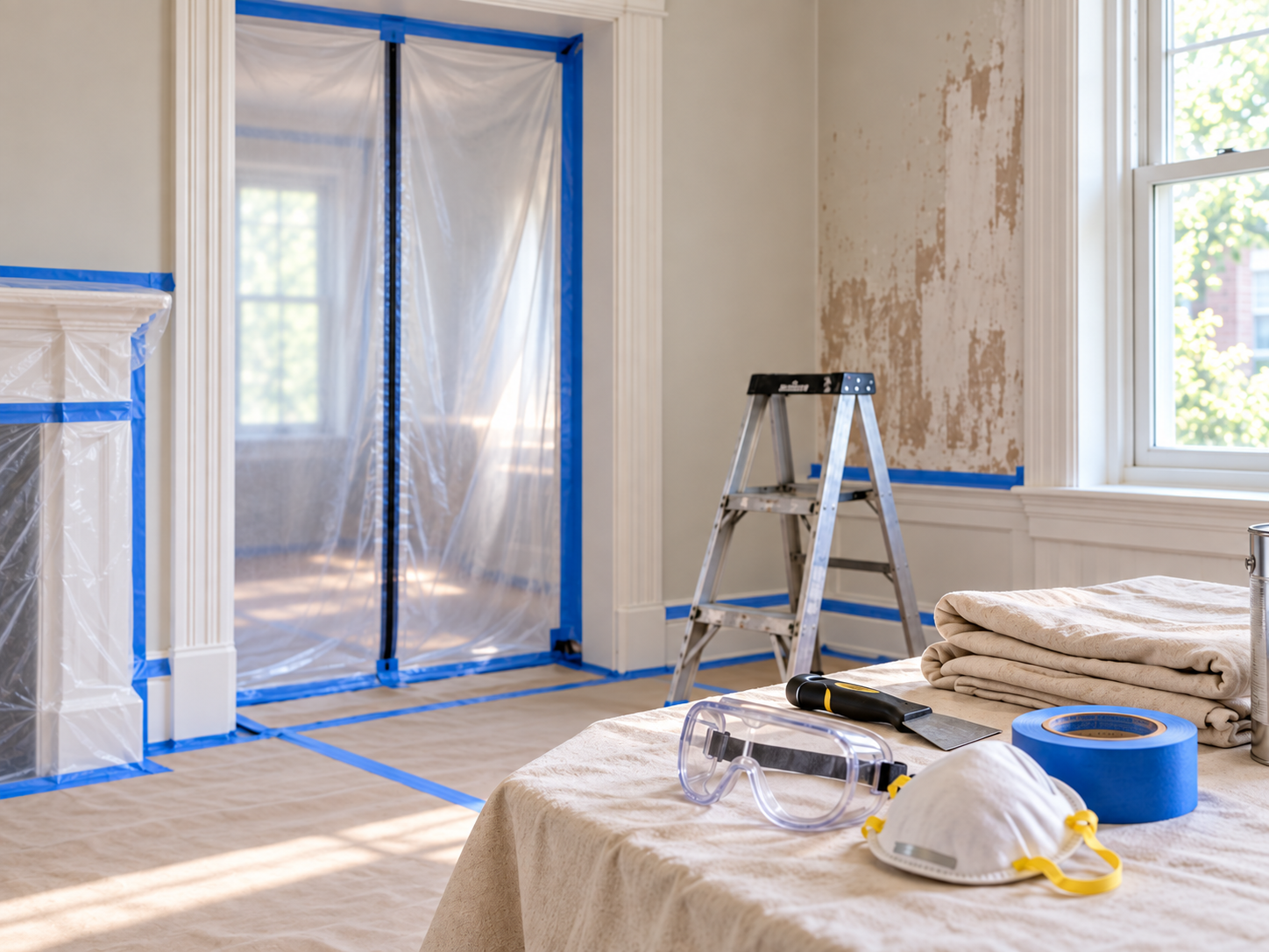 Lead-safe renovation setup in an older home with plastic containment, full floor protection, a covered fireplace, ladder, respirator, goggles, and tools.