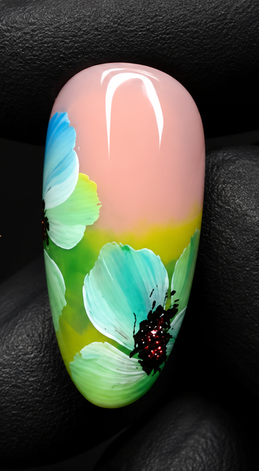 Flor Camaleón en tonos turquesa y verde creada por Tatiana Veira para el Curso de Flores Camaleón en DigiNysa. Técnica exclusiva para pintar flores en gel con acabado profesional.