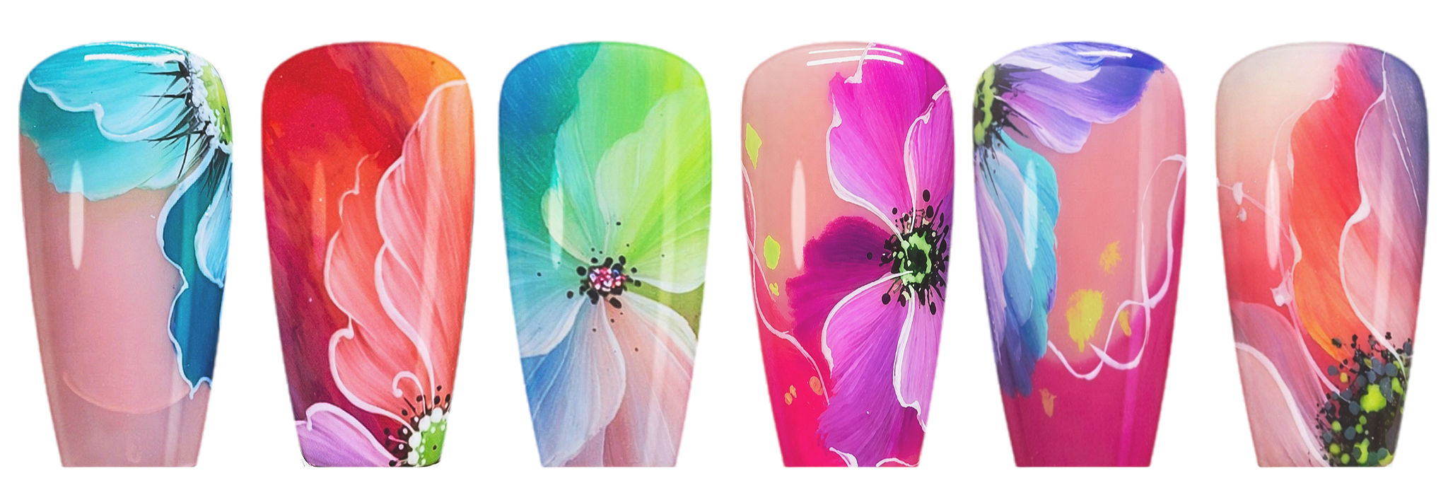 Seis diseños de uñas Flores Camaleón con técnica artística de mezcla de color y composición floral.