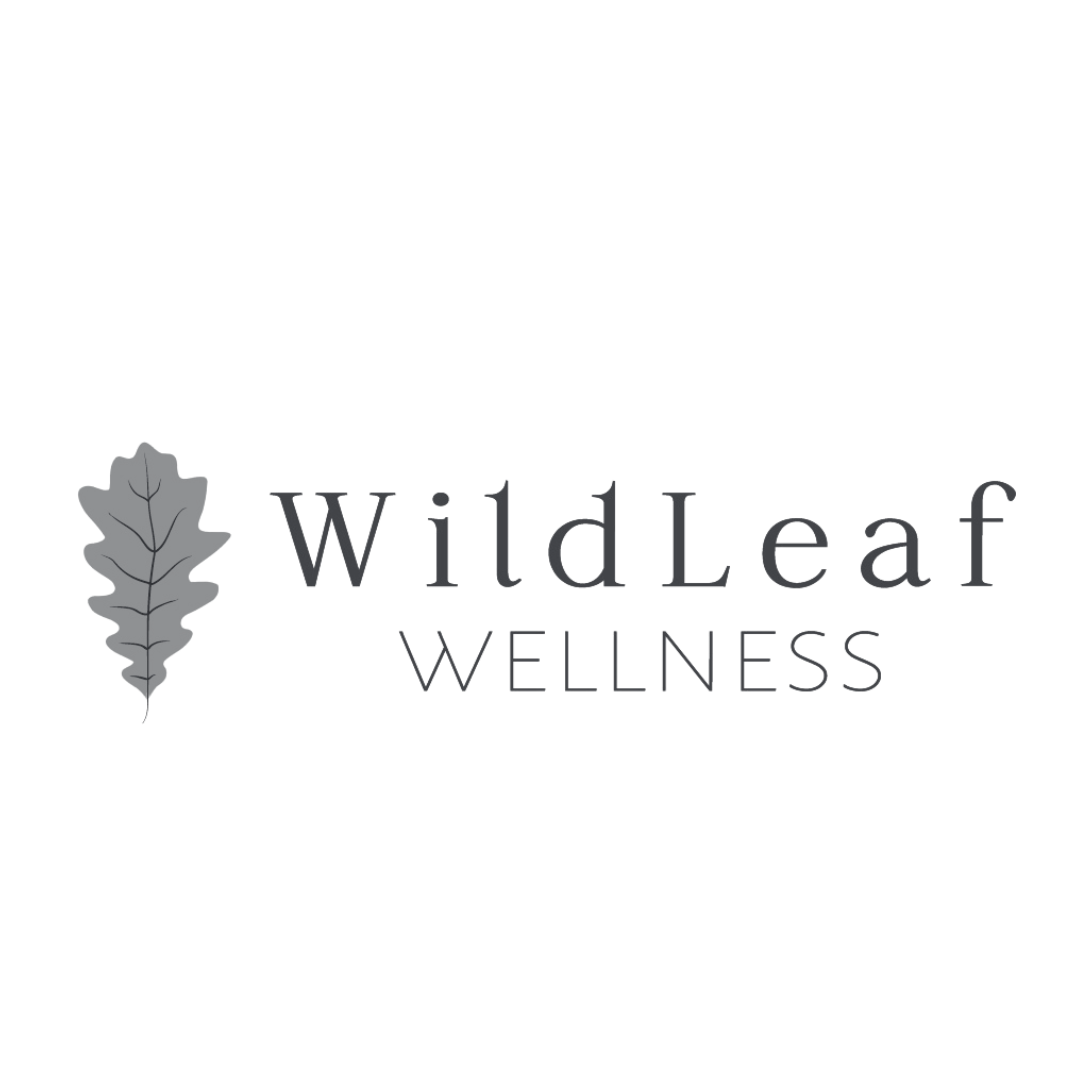 Logo for Wildleaf Wellness featuring a gray oak leaf and the text 'Wildleaf Wellness' in gray.