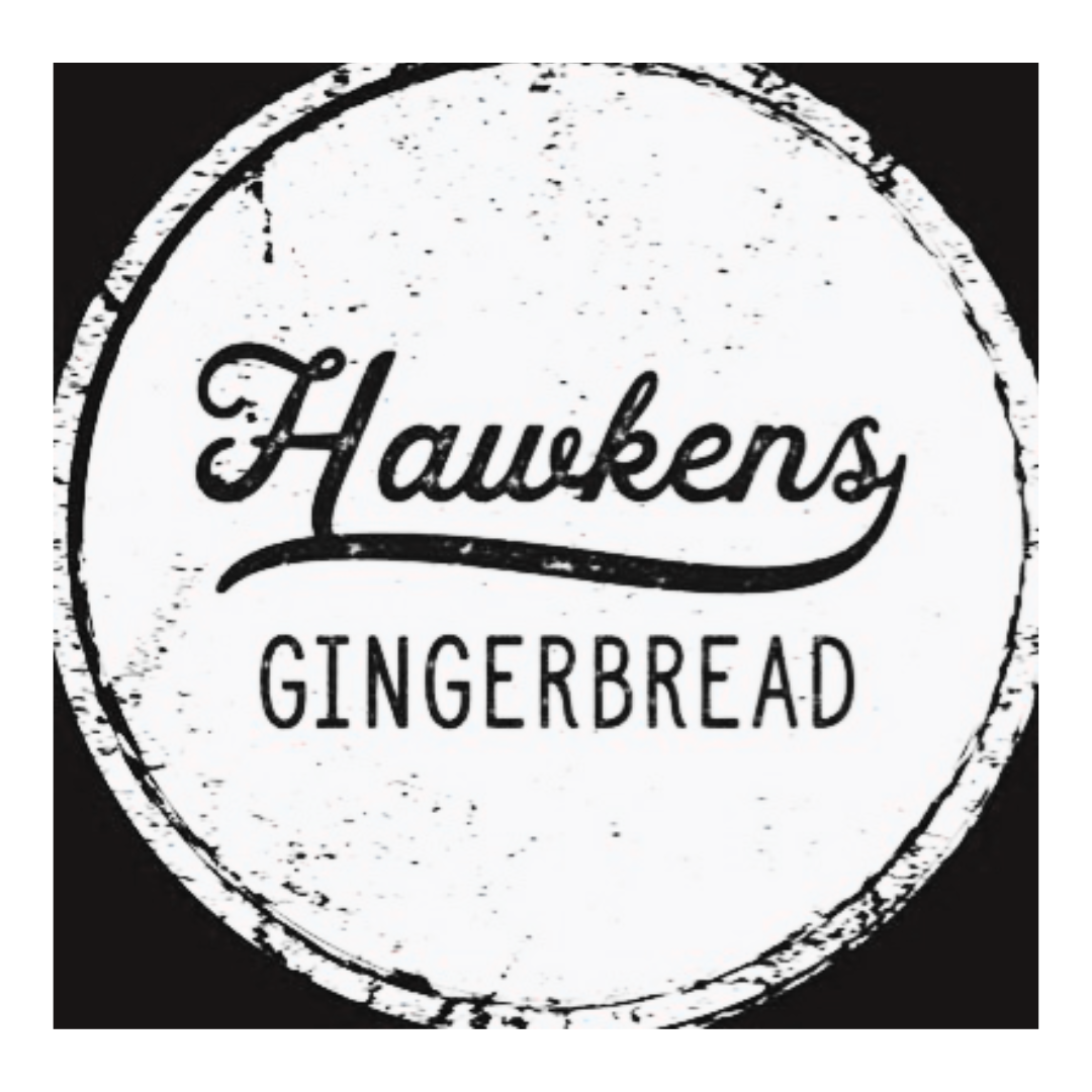 A black-and-white circular logo for Hawkey's Gingerbread, featuring a distressed design with the words 'Hawkey's' in cursive and 'GINGERBREAD' in block letters.