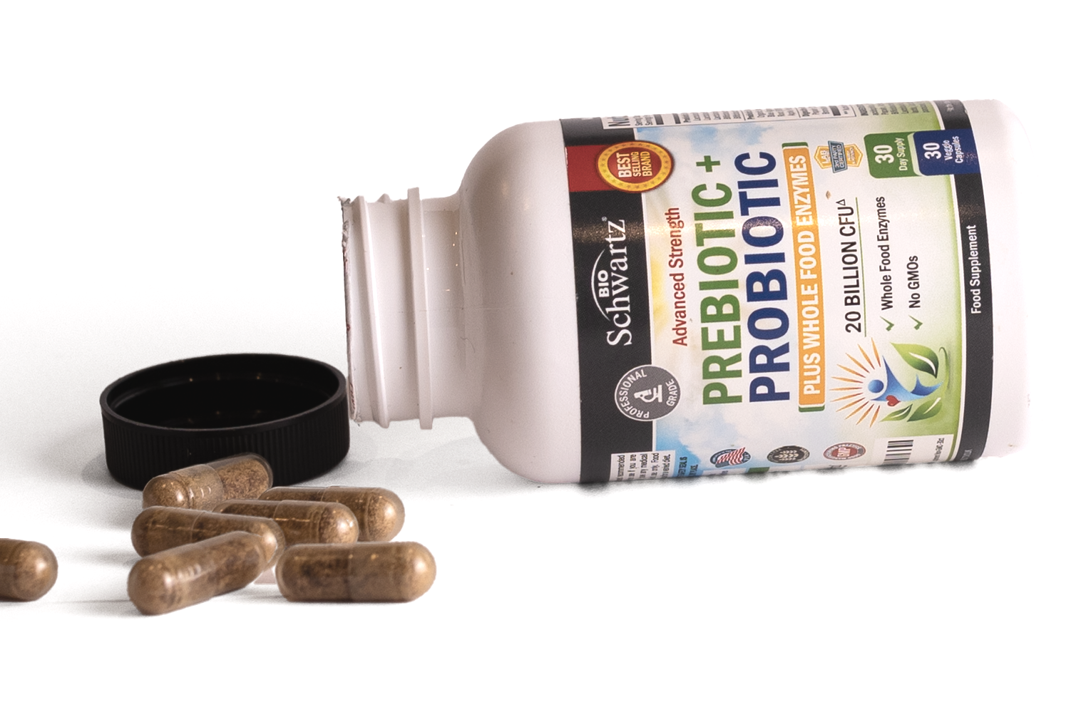 A white bottle of probiotic supplements with the cap removed, next to several capsules spilled on a white surface.