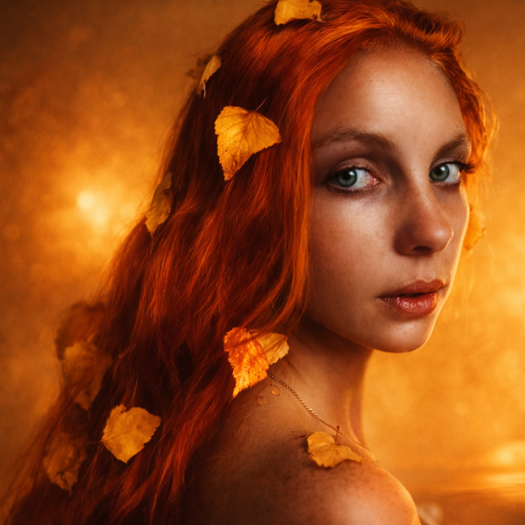 A woman with long red hair and blue eyes, decorated with yellow autumn leaves, stands beside a dropper bottle with a golden cap, against a warm gold background.