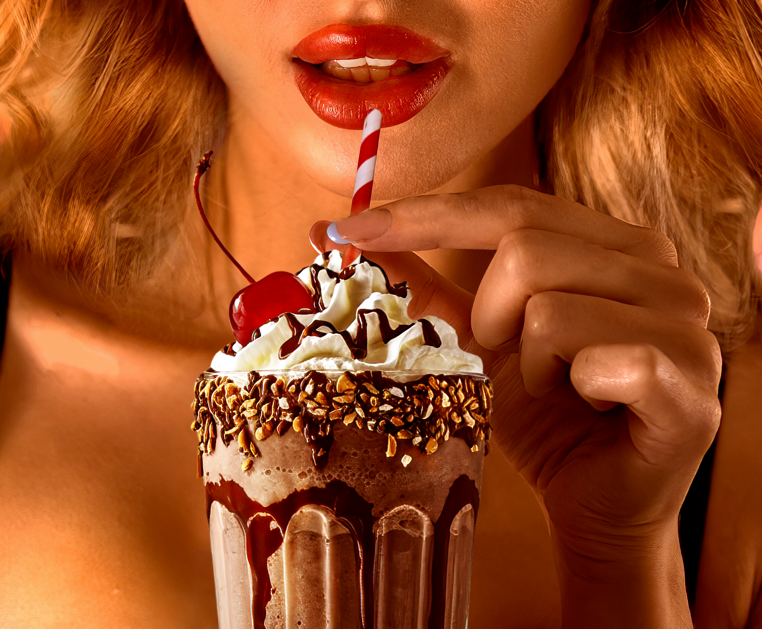 A woman with glossy red lipstick is about to sip from a striped straw in a large chocolate milkshake topped with whipped cream, chocolate syrup, a cherry, and chopped nuts.
