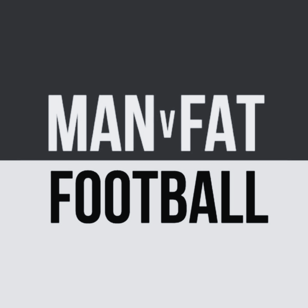 Logo for Man v Fat Football with black and white text across black and light gray background.