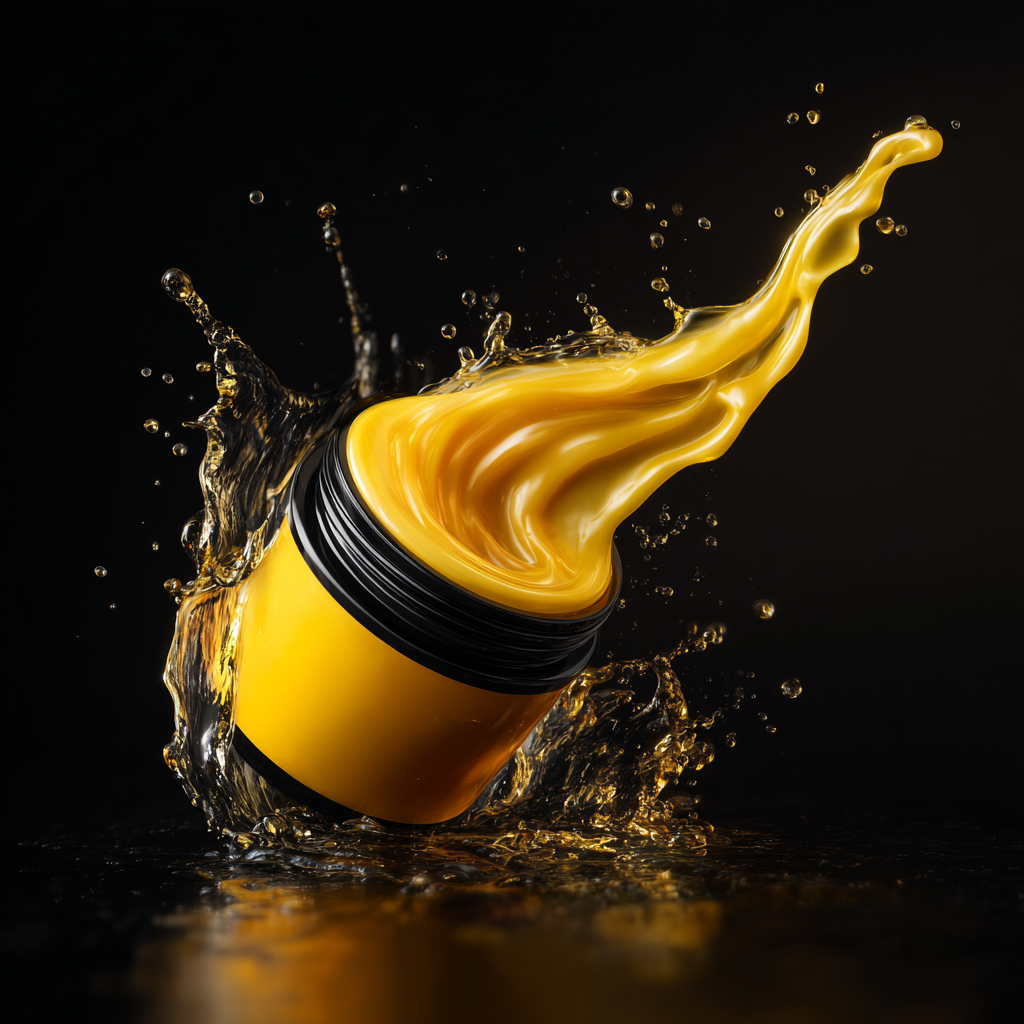 A yellow container with black lid tipping over, spilling a yellowish liquid that splashes outward against a black background.