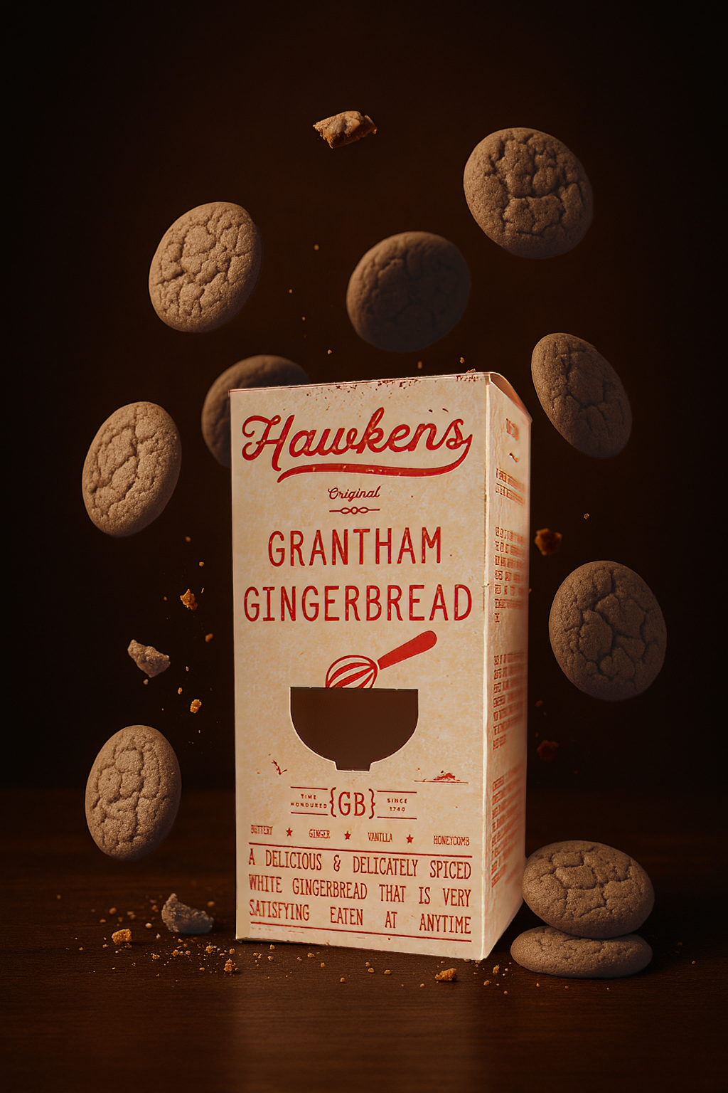 Surreal campaign photography showing a box of Hawken's Grantham Gingerbread with ginger cookies floating around it against a dark background.