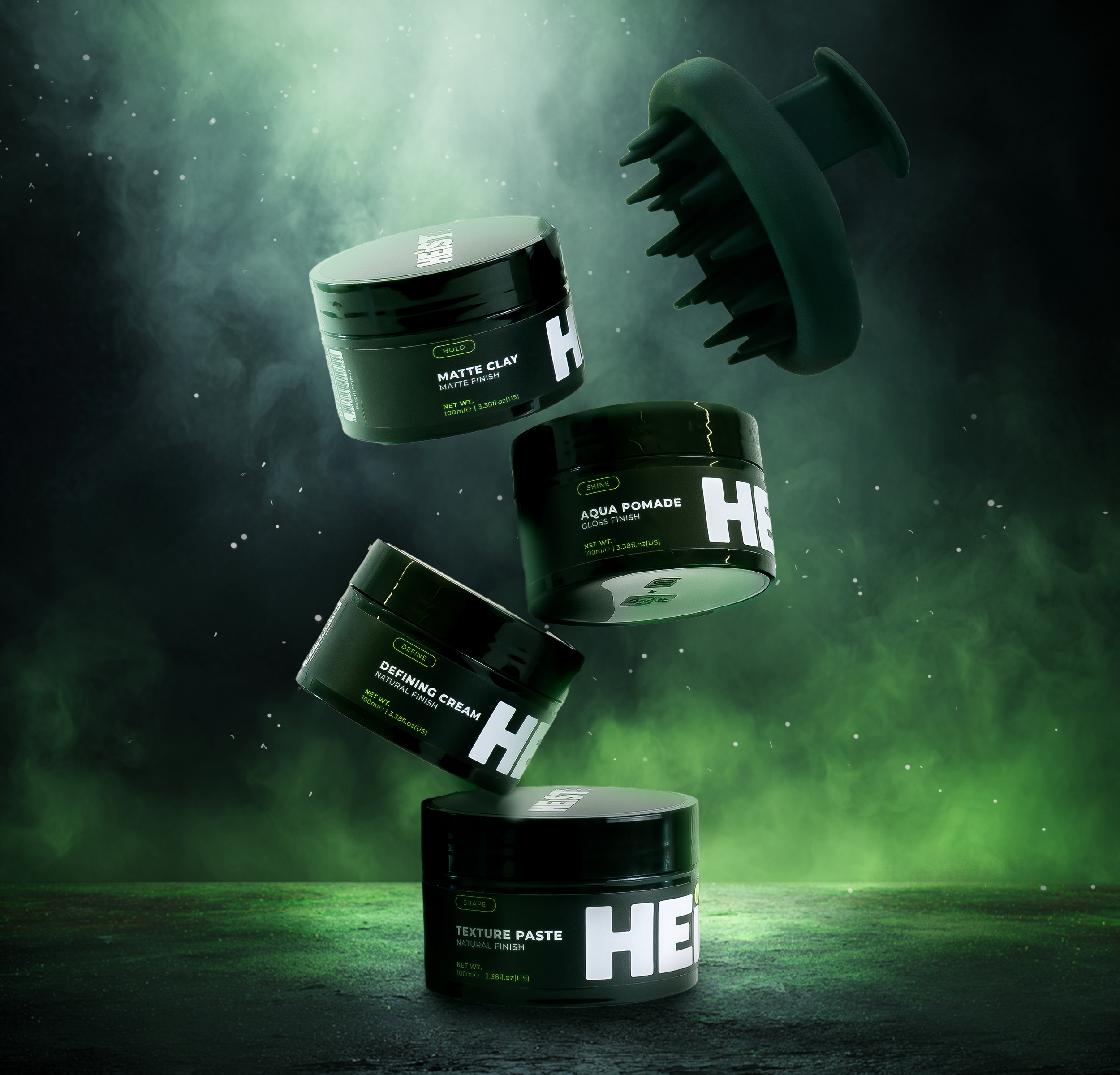 hair products floating in surreal green and black smoke