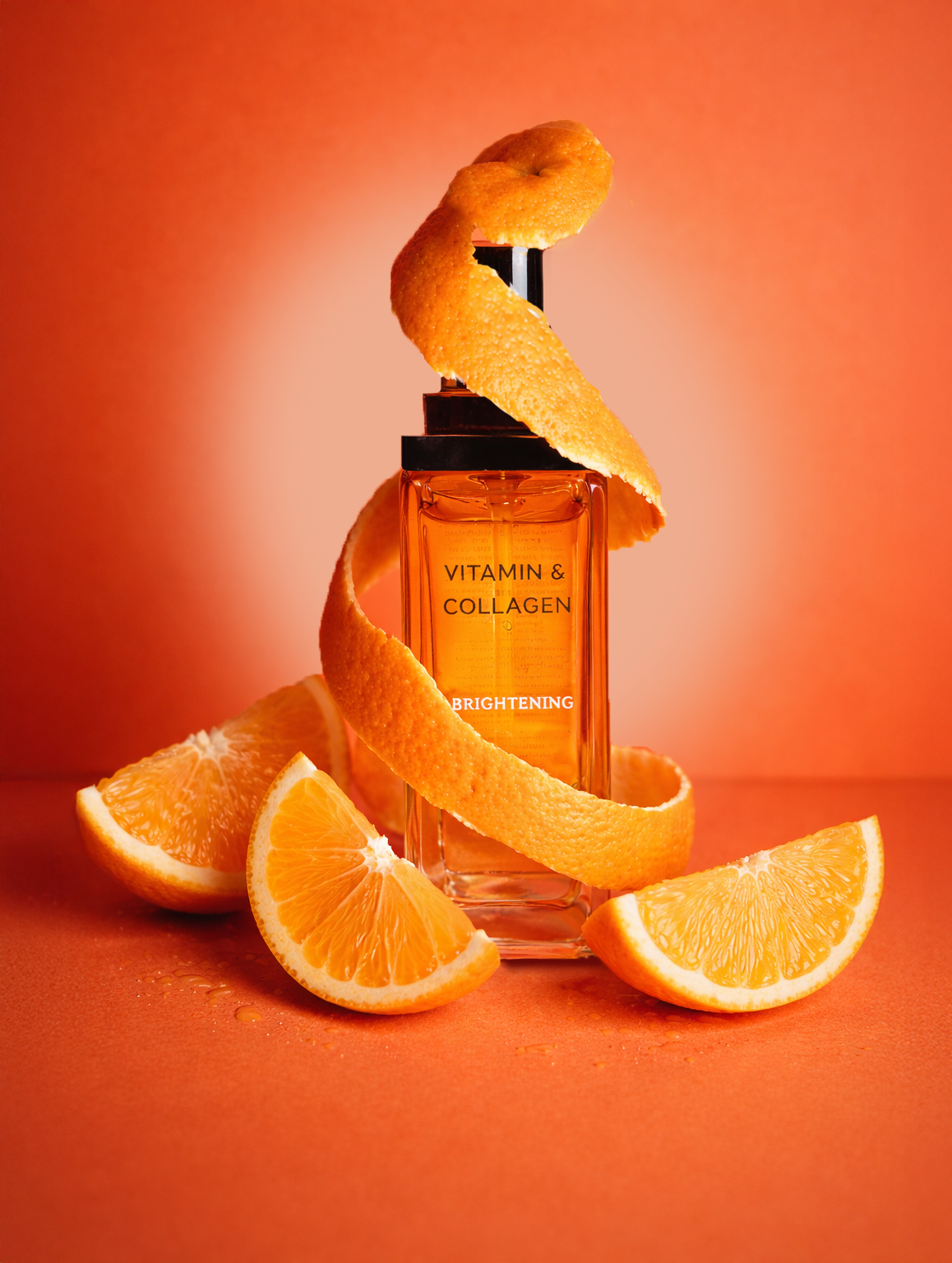 A colour pop still life image bottle labeled 'Vitamin & Collagen Brightening' surrounded by orange slices, with orange peel spiraling around the bottle on a peach-colored background.
