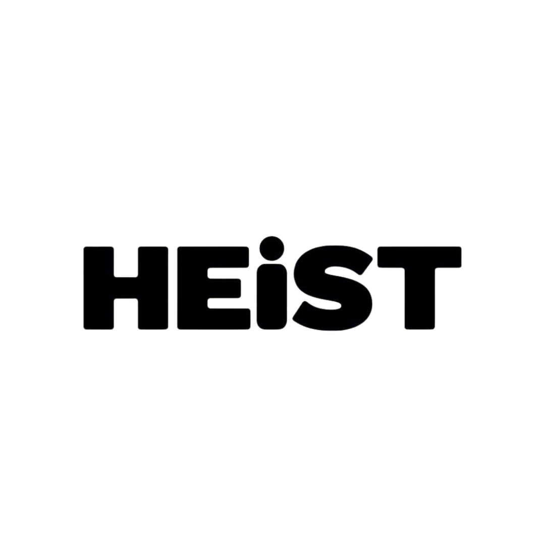 Black text spelling 'HEIST' on a black background.