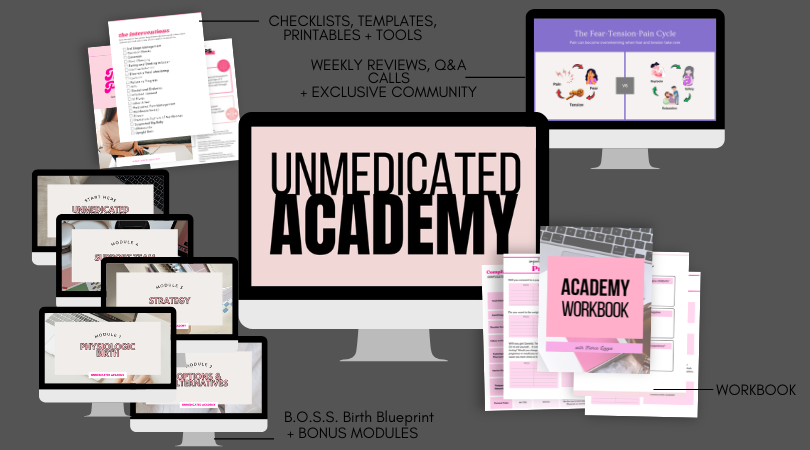 Digital educational program materials including online modules, workbooks, checklists, templates, guides, and community support for Unmedicated Academy, focused on topics like birth blueprint, strategy, physiology, and peer support, displayed on multiple computer screens and printed pages.