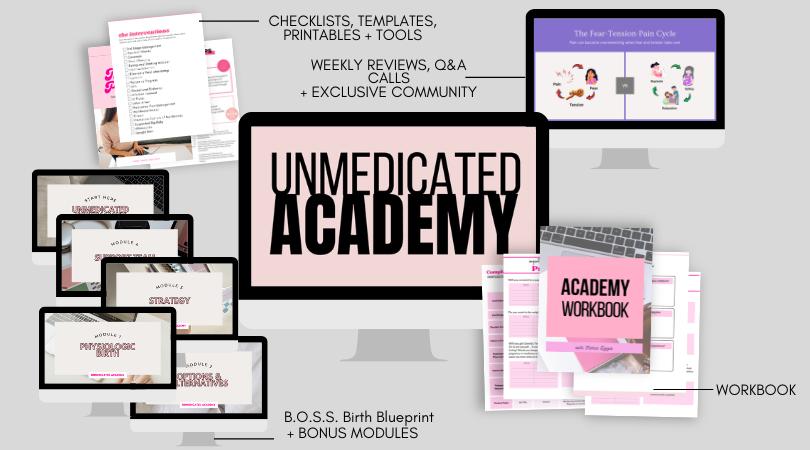 A digital marketing display showcasing Unmedicated Academy's educational resources including checklists, templates, printables, tools, weekly reviews, Q&A calls, a community, modules on understanding, strategy, and psychobiology, an academy workbook, and bonus modules, with various PDFs and screens on a modern desk setup.