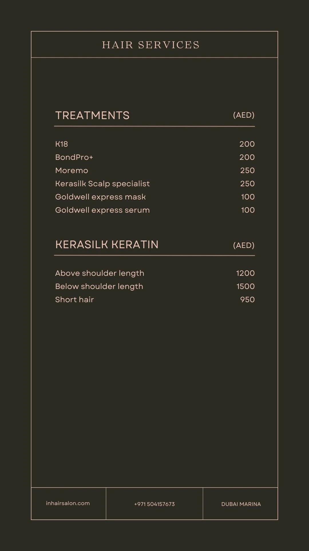 Menu for a hair salon listing treatments and prices in AED, including K18, BondPro+, Moremo, scalp specialist, express masks and serums, and keratin services with options for above and below shoulder length, and short hair.