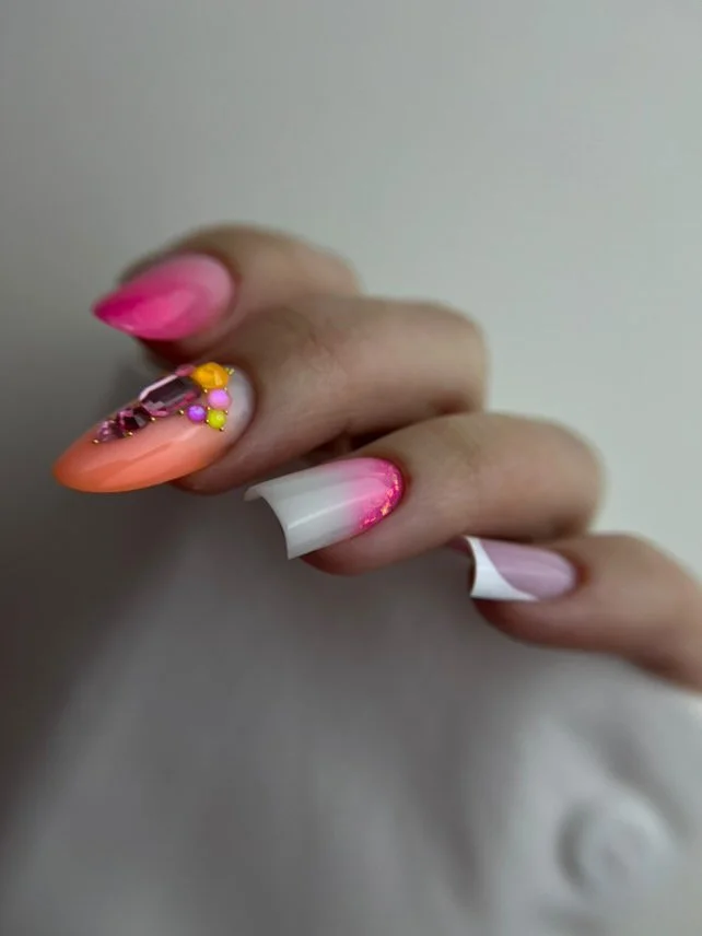 gel manicure with nail art pink french, flowers, stones and hand painting at InHair by Indira Nobile in Dubai Marina