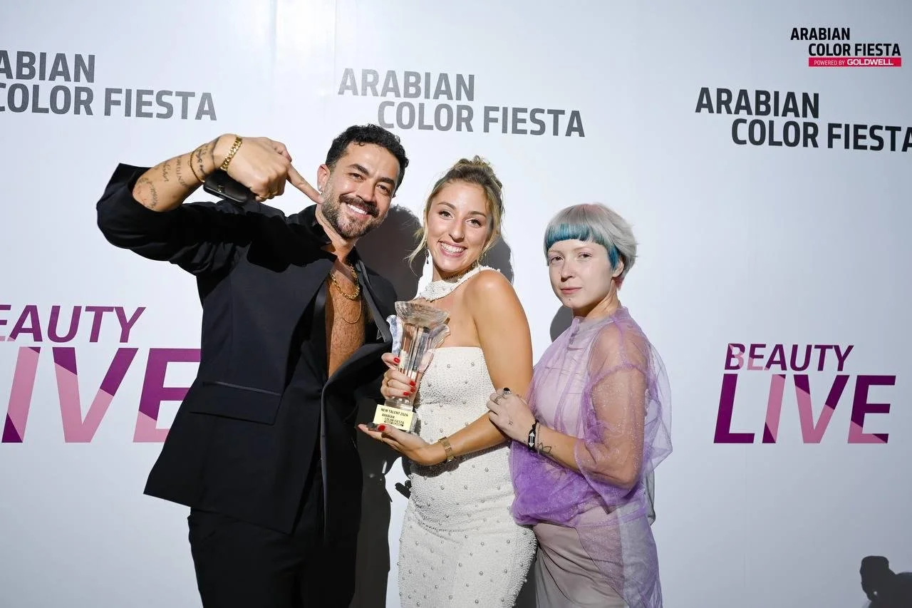 Indira Nobile, owner of Pose salon in Dubai Marina, winning goldwell award Gold first position, in the new talent category.
