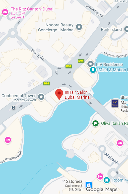 Map showing InHair Salon at Dubai Marina near the water, with nearby landmarks including LIV Residence, Olive Italian Restaurant, and 12storeez store.