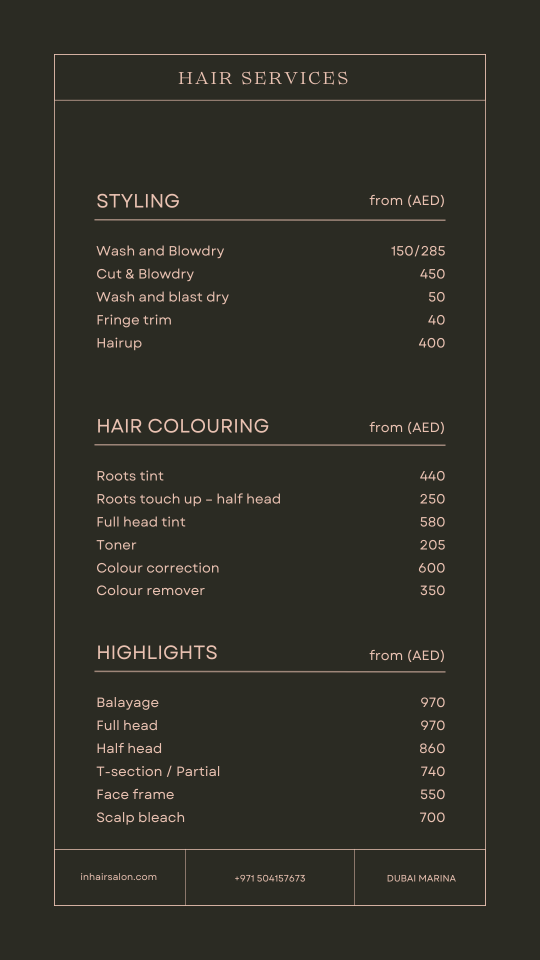 Hair salon price list for hair services, coloring, and highlights, including various treatments and their costs in AED.
