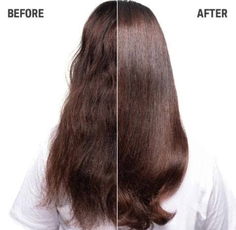 Comparison of a woman's hair before and after styling, showing frizzy, curly hair on the left and smooth, straight hair on the right.