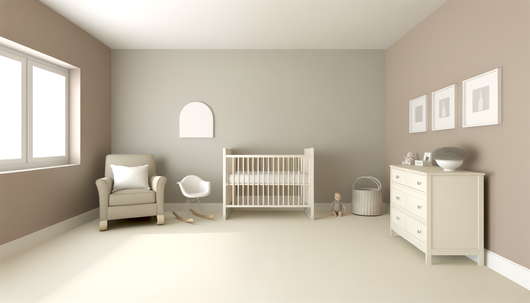 Baby crib with striped bedding and pillows, wall art featuring animal illustrations, woven wall hanging, armchair with colorful pillow, yellow knitted pouf in a nursery room.