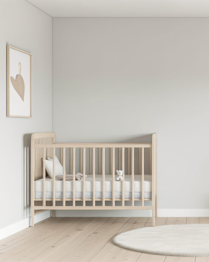 Bare crib in a nursery with a teddy bear on the mattress, a pillow, and a blanket, with wall art and a round white rug on wooden floor.
