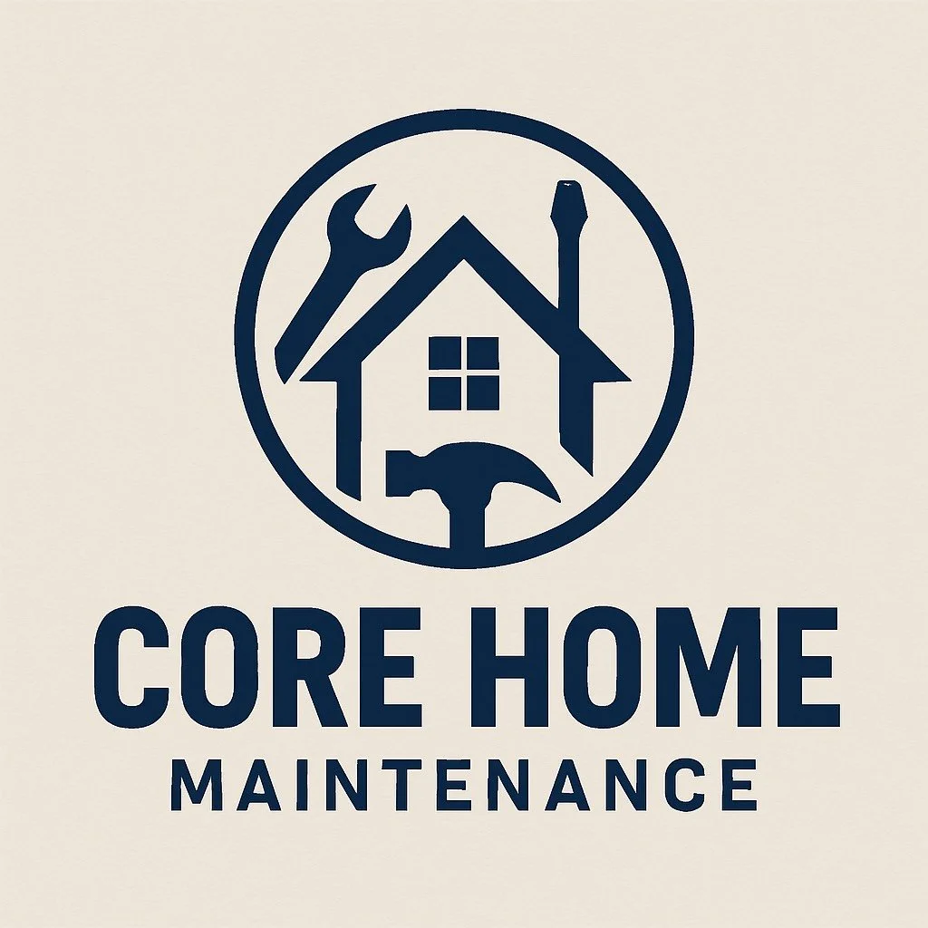 Logo for Core Home Maintenance featuring a house with a wrench, screwdriver, and hammer inside a circle