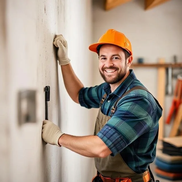 Man wearing a yellow hard hat and work gloves, smiling while working on a wall with tools in an indoor workshop.