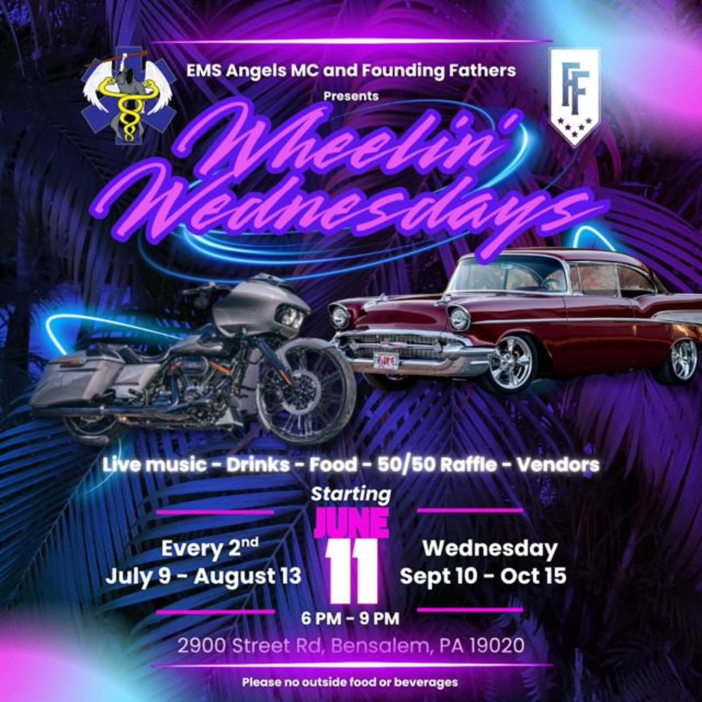 🛞 Pop a Wheelie or Hitch a Ride over to Founding Fathers Bensalem for Wheelin' Wednesdays!🔥

🎶 Live Music &amp; Drink Specials from 6pm-9pm Every 2nd Wednesday through August! 🍻

$3 Miller Lite Drafts
$3 Mic Ultra Drafts
$4 Modelo Drafts
$5 Jack 