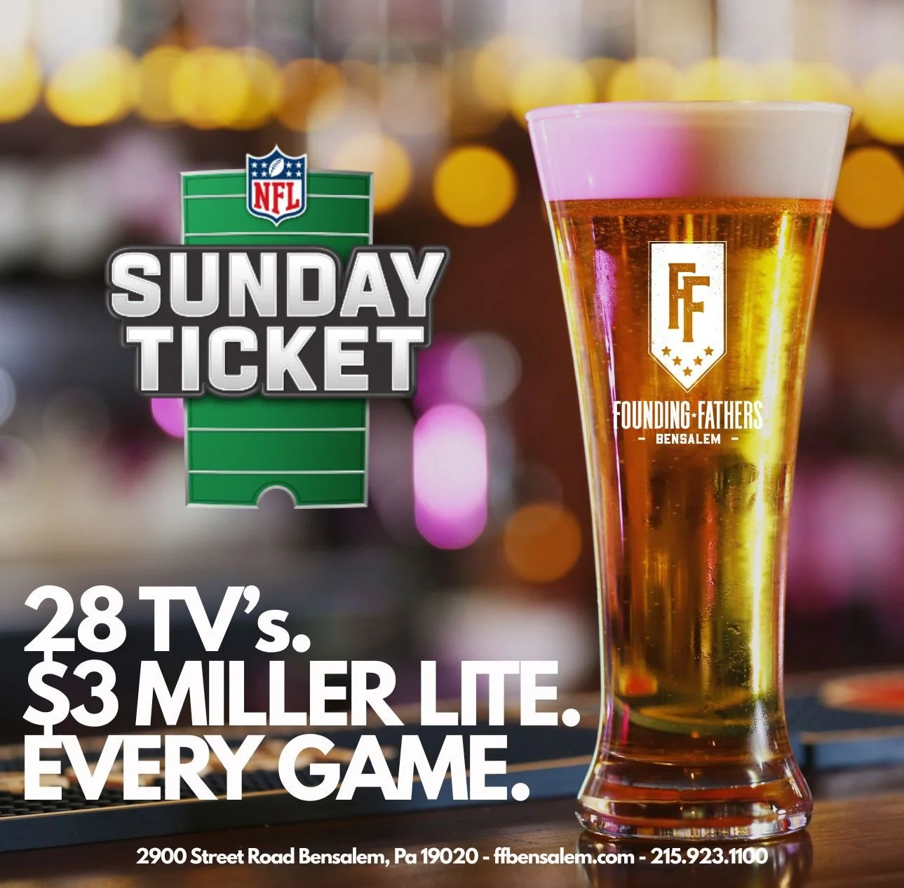🏈🙌 Are you ready for some football? 🏟️ Join us at Founding Fathers for NFL Sunday Ticket! Catch every game, every Sunday, on our big screens with your crew! 🎉 Whether you're cheering for your favorite team or just enjoying the vibe, we&rsquo;ve g