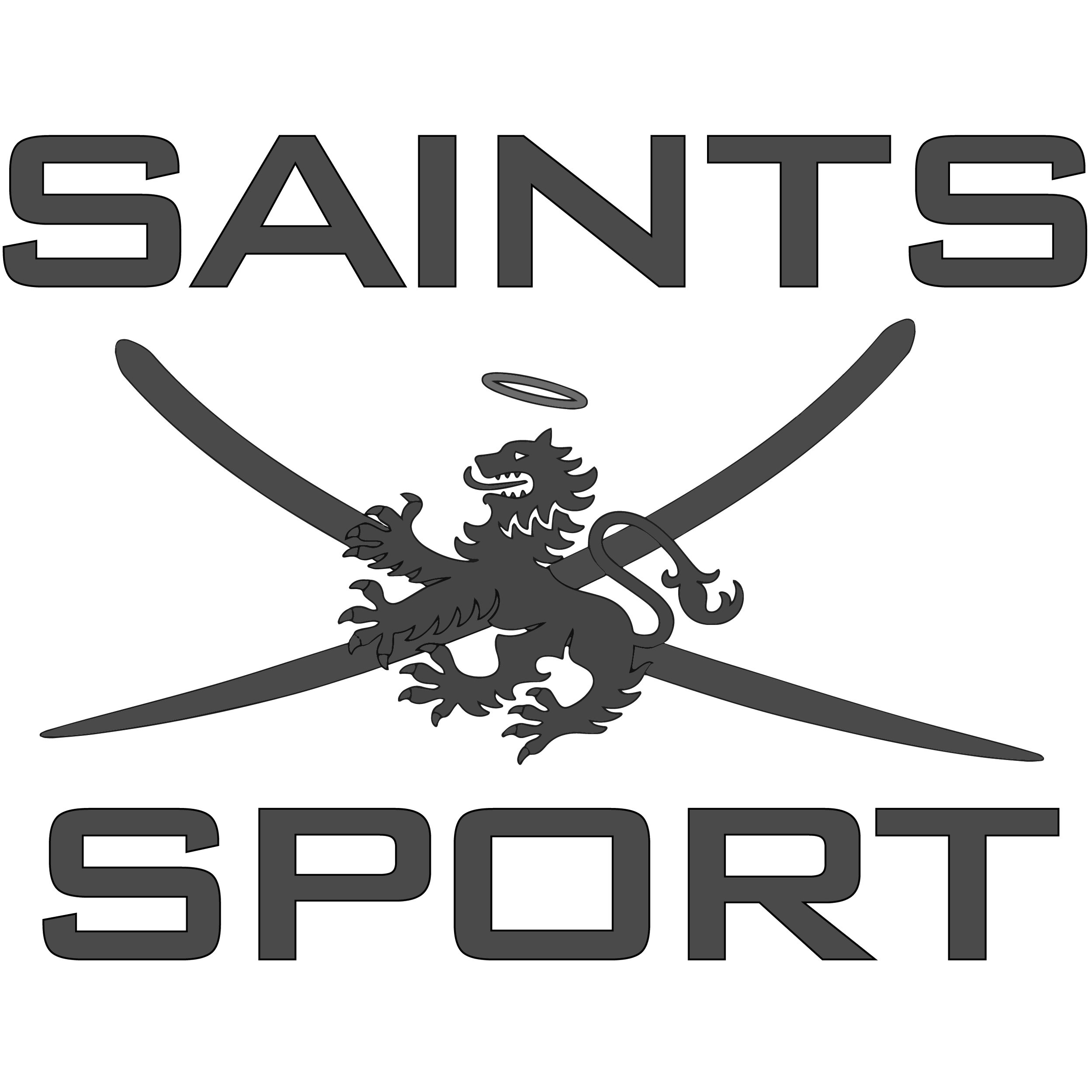 Black and gray logo of Saint's Sport featuring a lion holding a sword, with a halo above the lion's head.