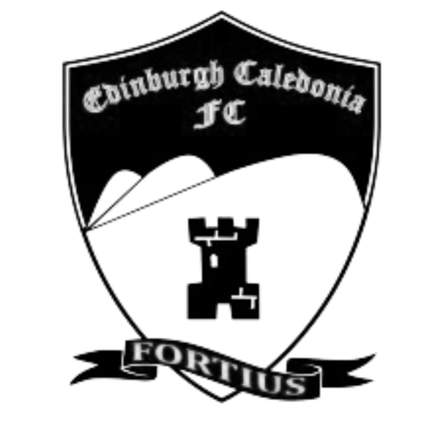 Black and white logo of Edinburgh Caledonia F.C., featuring a shield with mountain peaks and a castle tower, with a banner reading "Fortius" beneath.