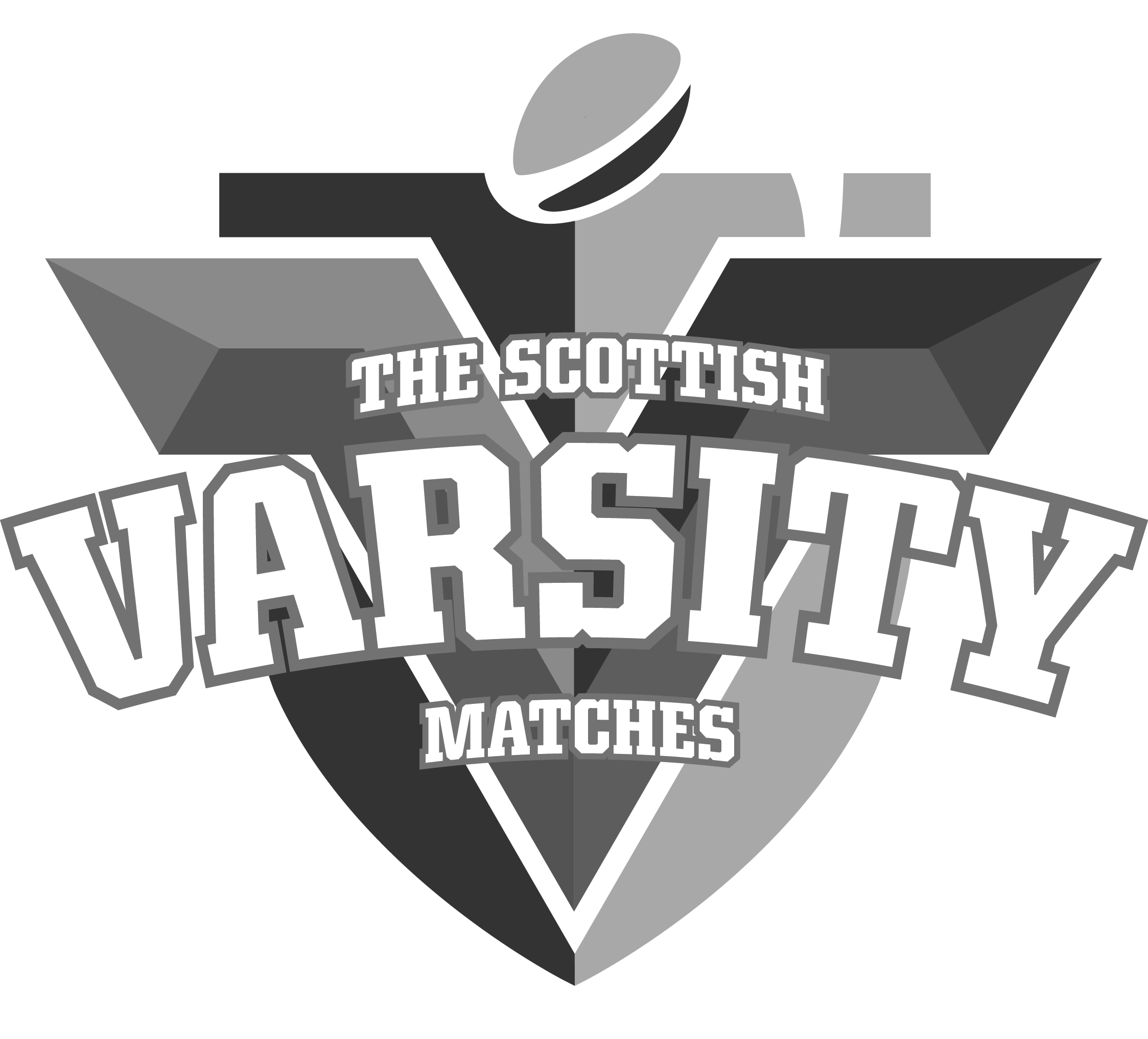 Logo for The Scottish Varsity Matches featuring a shield with a stylized Scottish flag and a rugby ball at the top.