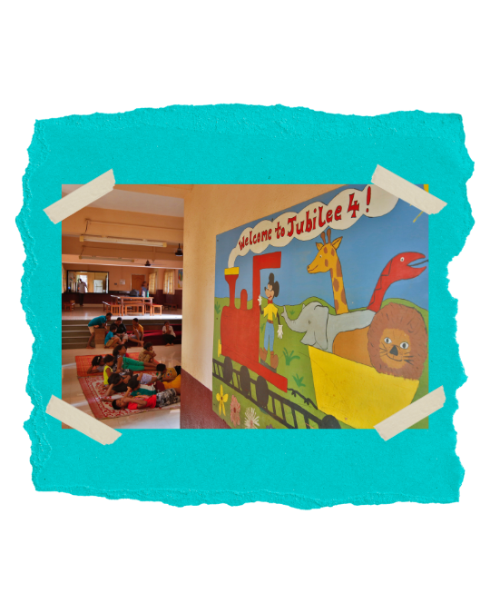 Children relaxing next to a colourful mural inside Jubilee 4, the 4th Jubilee Home built for children affected by HIV